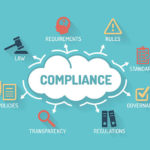 a cloud that says the word compliance and outside of the cloud are all the things that comprise compliance such as policies, regulations, standards, etc